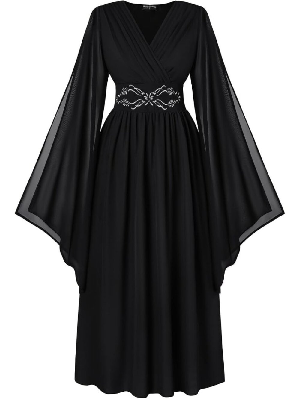 Women's Black Bell Sleeve Wrap V Neck Embroidery Imported Costume Dress
